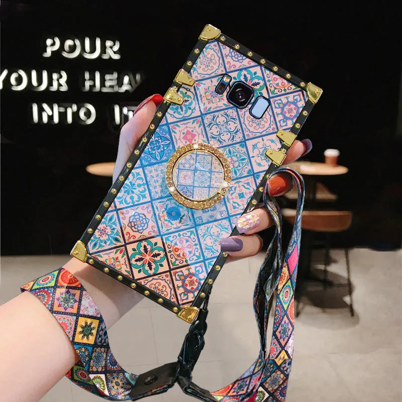 Samsung S8 mobile phone case with silicone sheath texture, bohemian style blue light mirror frame, and luxury square protective silhouette