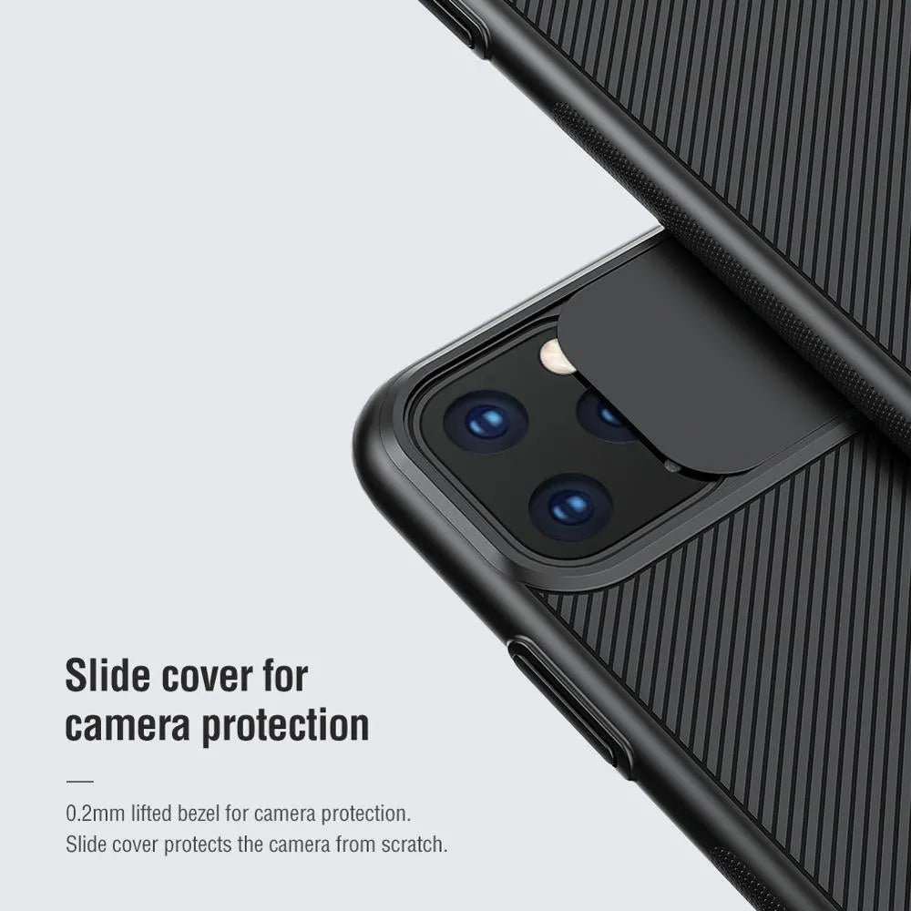 Solid colour PC phone case with lens protector for iPhone 11 Pro, black finish on rear view