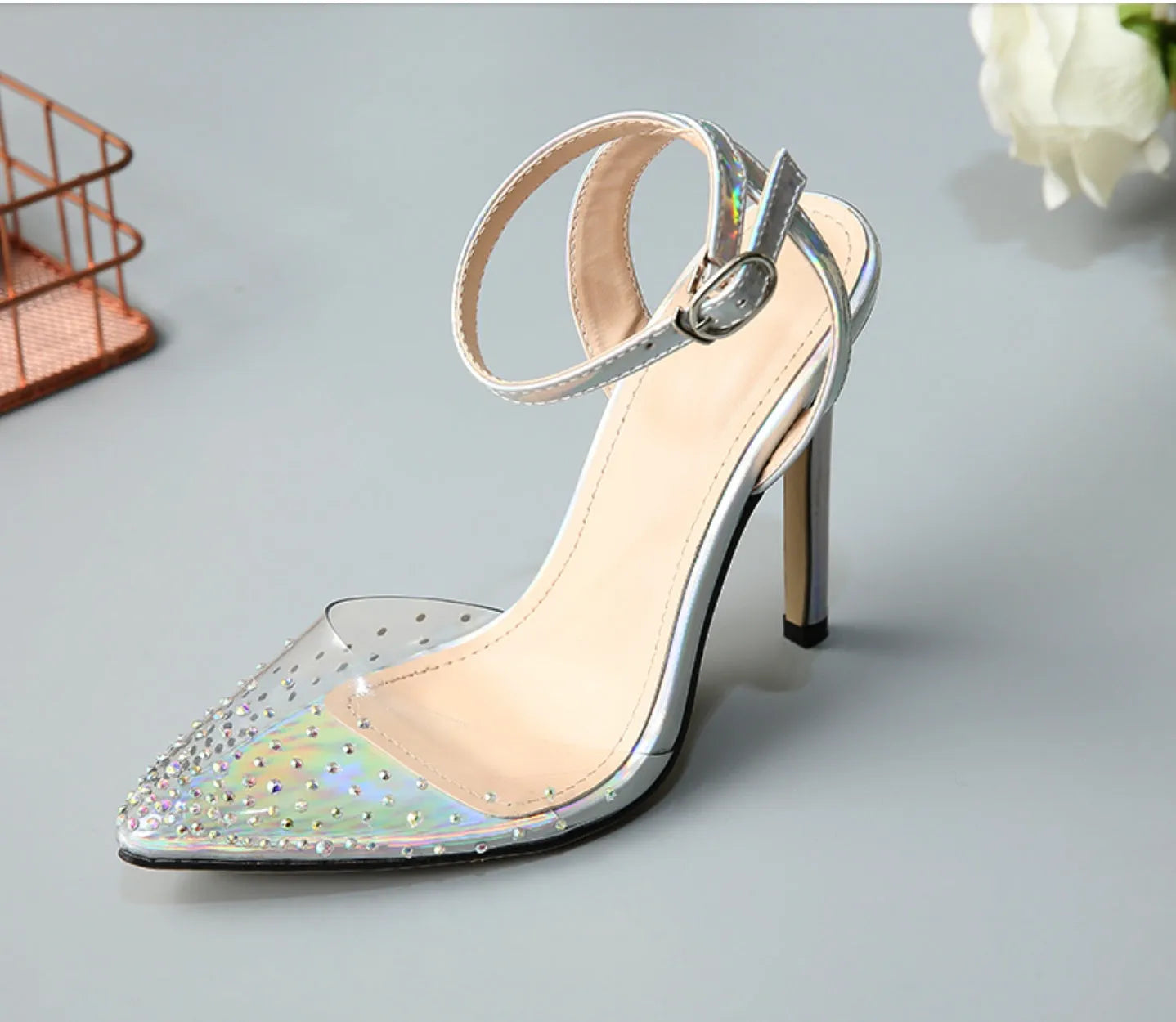 Women's pointed diamond sandals with stiletto heels and PVC upper material