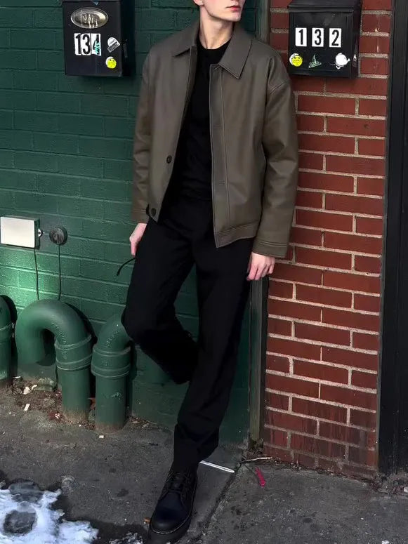 Men's casual long-sleeved leather jacket plain regular fit front view