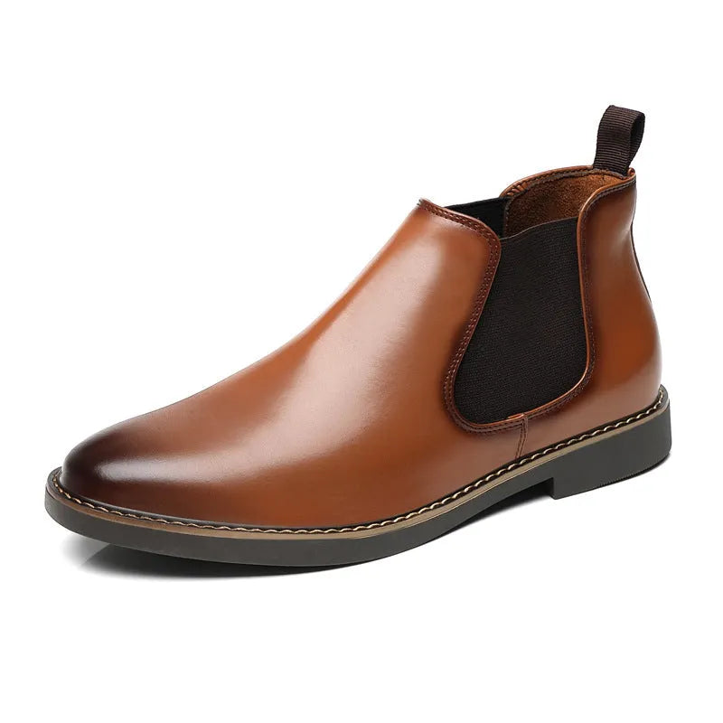 Men's black formal leather pointed-toe boots with square heel on neutral background