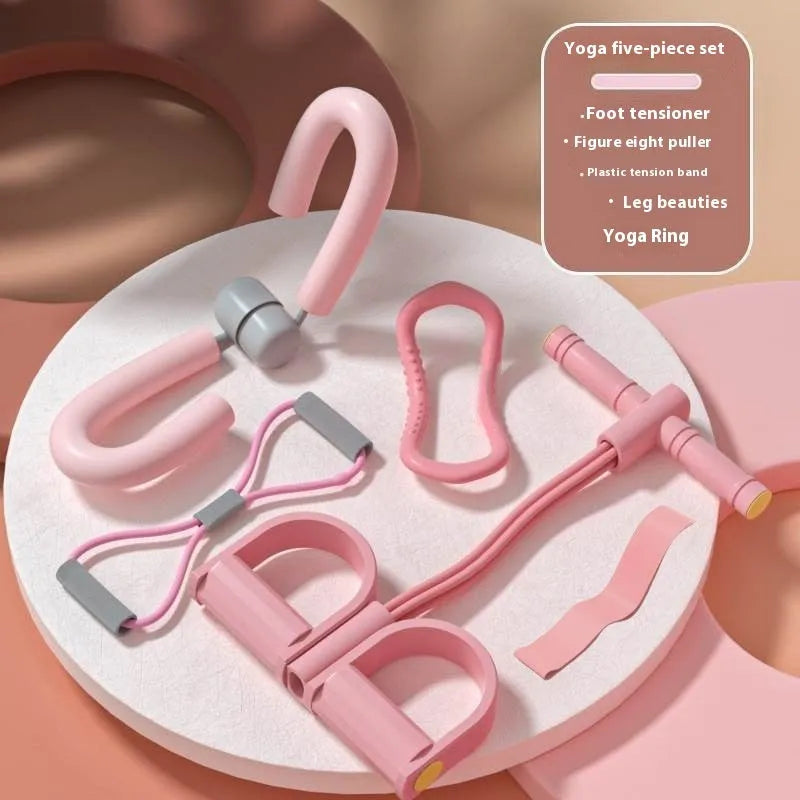 Four-piece yoga fitness set with leg stretcher, pedal device, ring, and tension rope for home exercise.