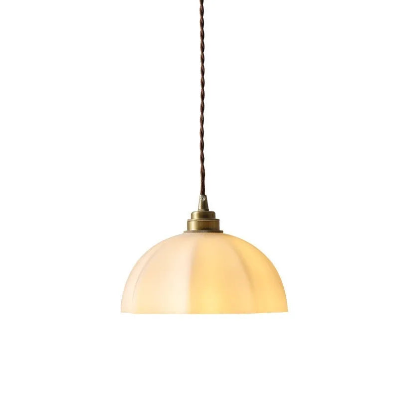 Brass small droplight with copper glass in a Chinese style design.