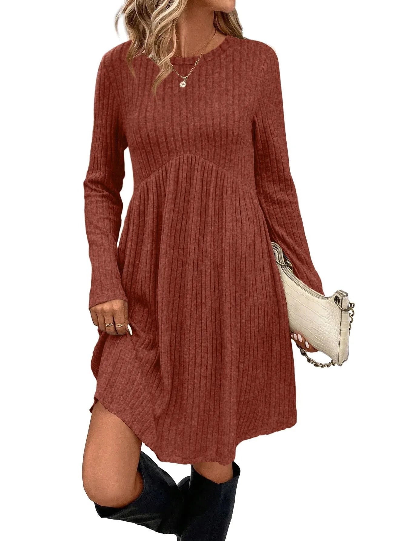 Women's bohemian brushed sunken stripe midi dress in apricot, wide waist, solid colour stitching detail, front view