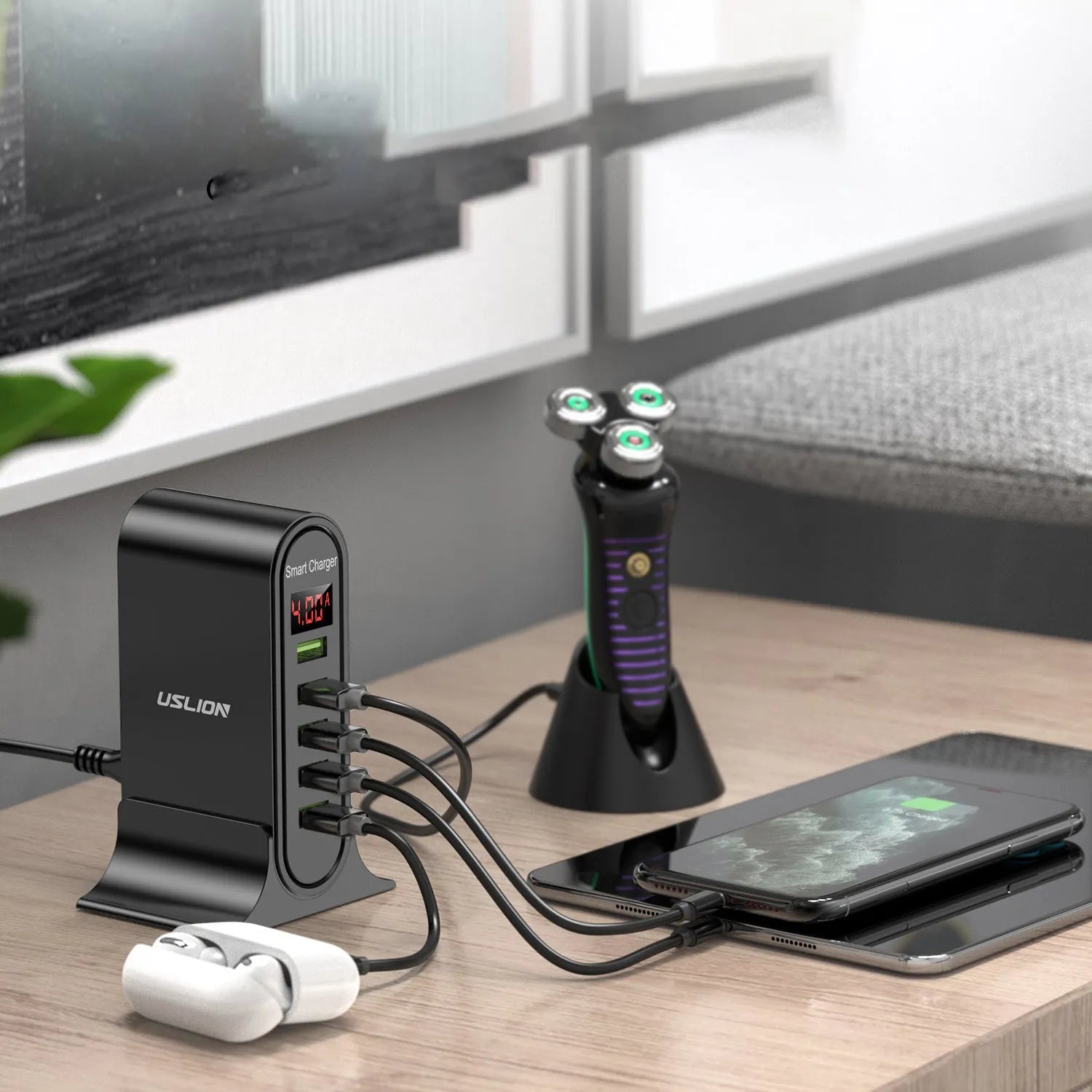 Smart LED digital display USB charger in black or white with choice of plug styles