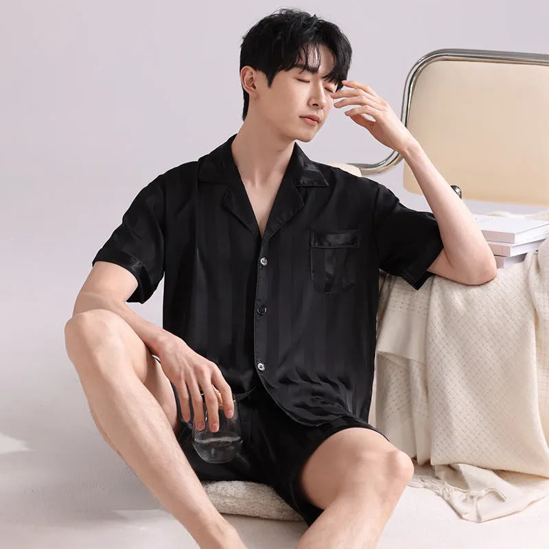 Men's ice silk pajama set with satin jacquard plaid pattern in cardigan style and shorts