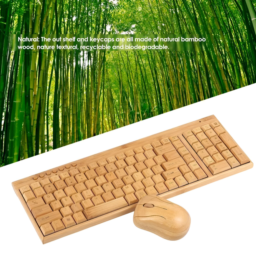 Bamboo wireless keyboard and mouse set on a wooden desk, natural finish, full-size keyboard and compact mouse