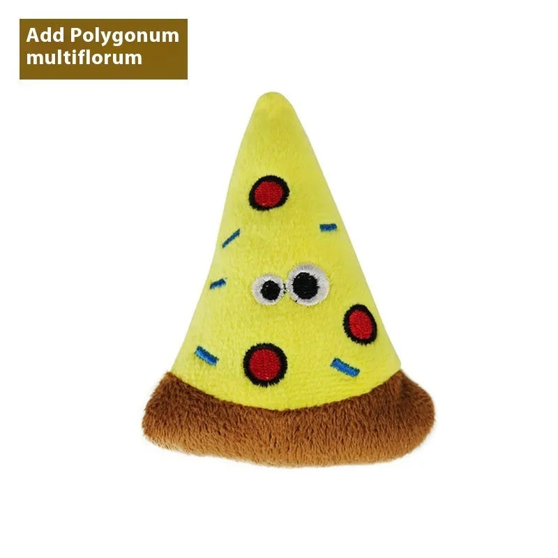 Six catnip plush pillow toys in burrito, cone, cucumber, mushroom, pineapple, and pizza styles