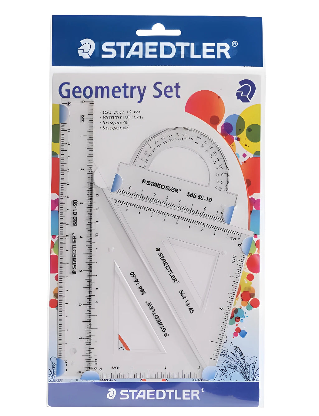 Four-piece plastic student ruler set with 15cm ruler, triangles and protractor in transparent and neon colours