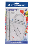 Four-piece plastic student ruler set with 15cm ruler, triangles and protractor in transparent and neon colours
