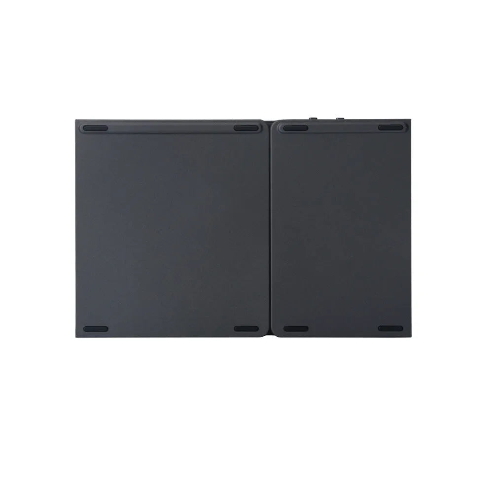 Ultra-thin black tri-fold folding Bluetooth keyboard with touchpad shown in open and closed positions