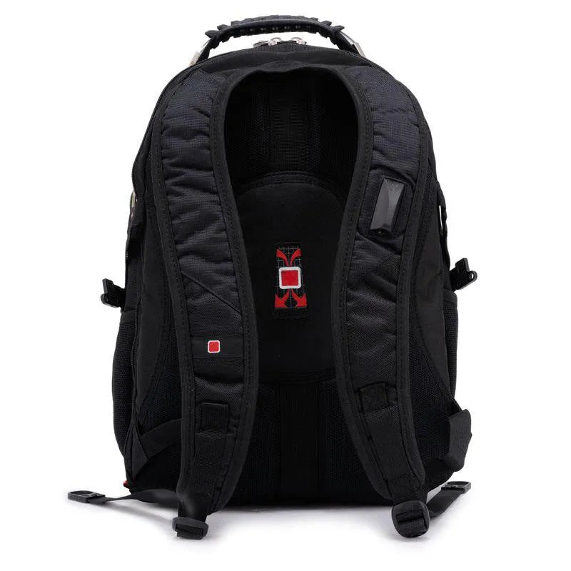 Black business laptop backpack showing multiple compartments and organiser pockets.