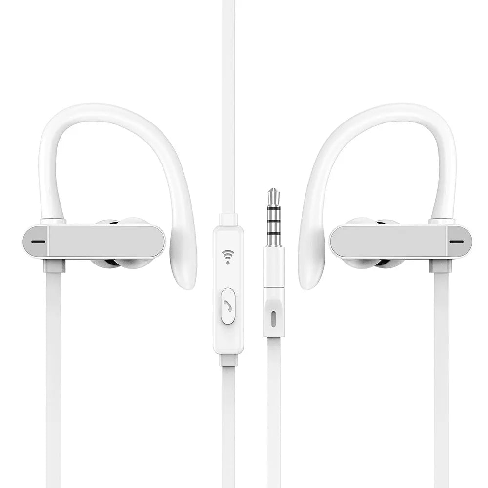 Sport running ear hook earbuds with microphone in black blue colour, showing flexible over-ear hook design.