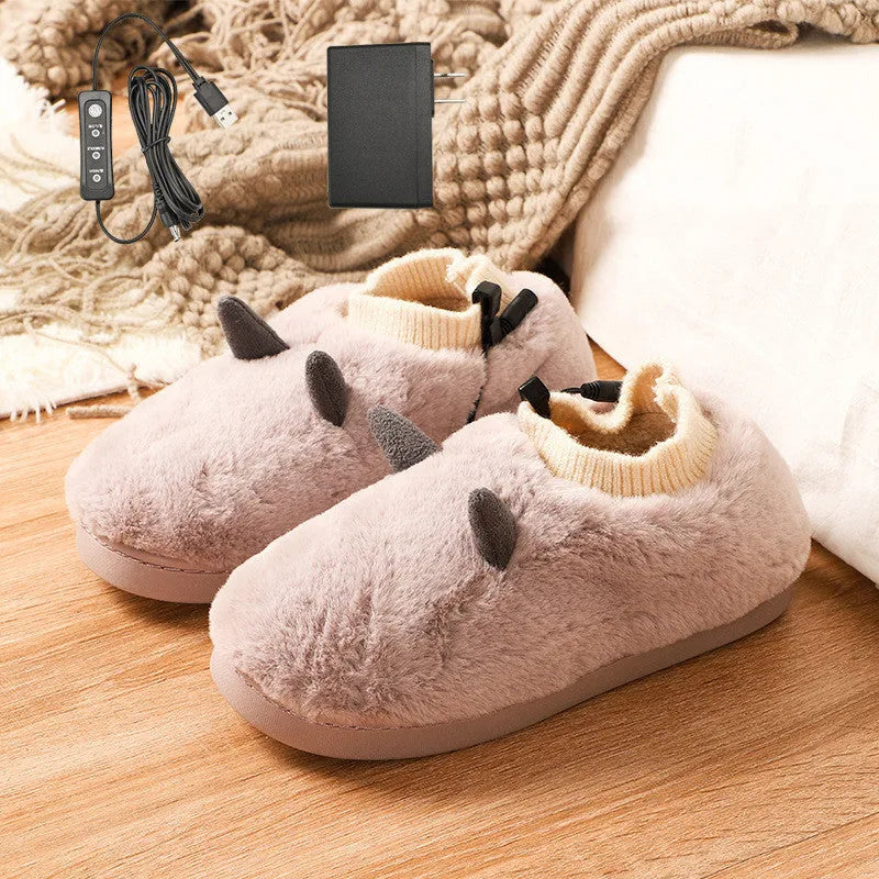 USB electric heating slippers in soft velvet, showing adjustable temperature controls and a connected USB cable.