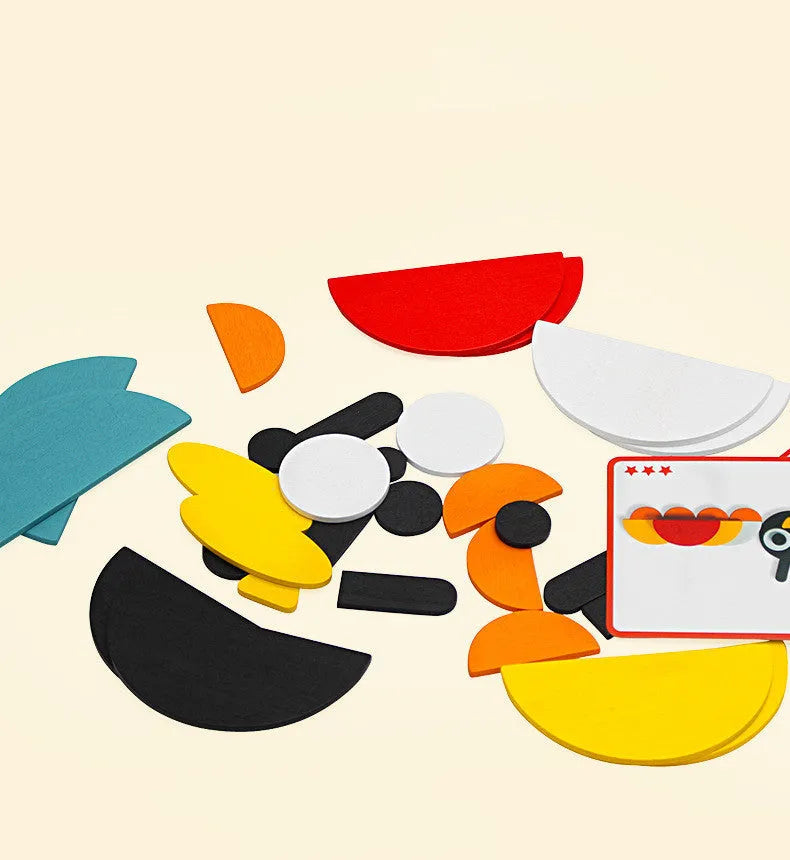 Wooden tangram 3D animals puzzle with multi-colour pieces on table