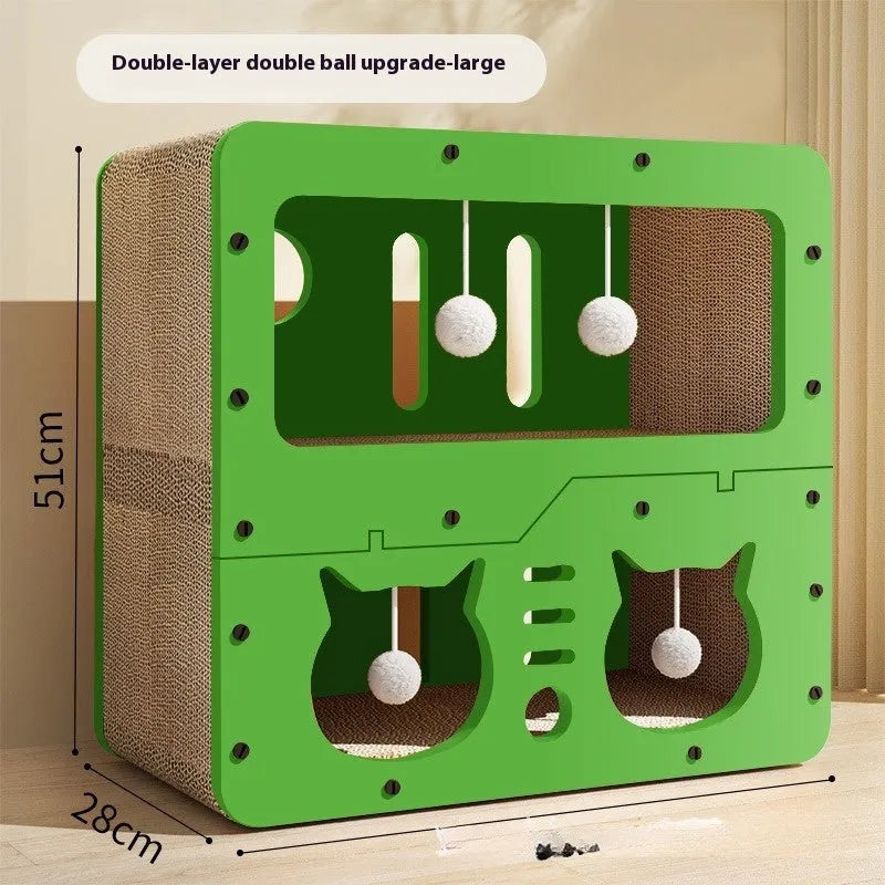 Double layer cat scratching board with integrated nest in owl and cat head design styles