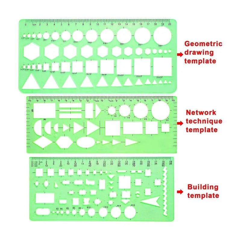 Set of 11 clear green plastic geometric drawing templates with poly zipper envelope