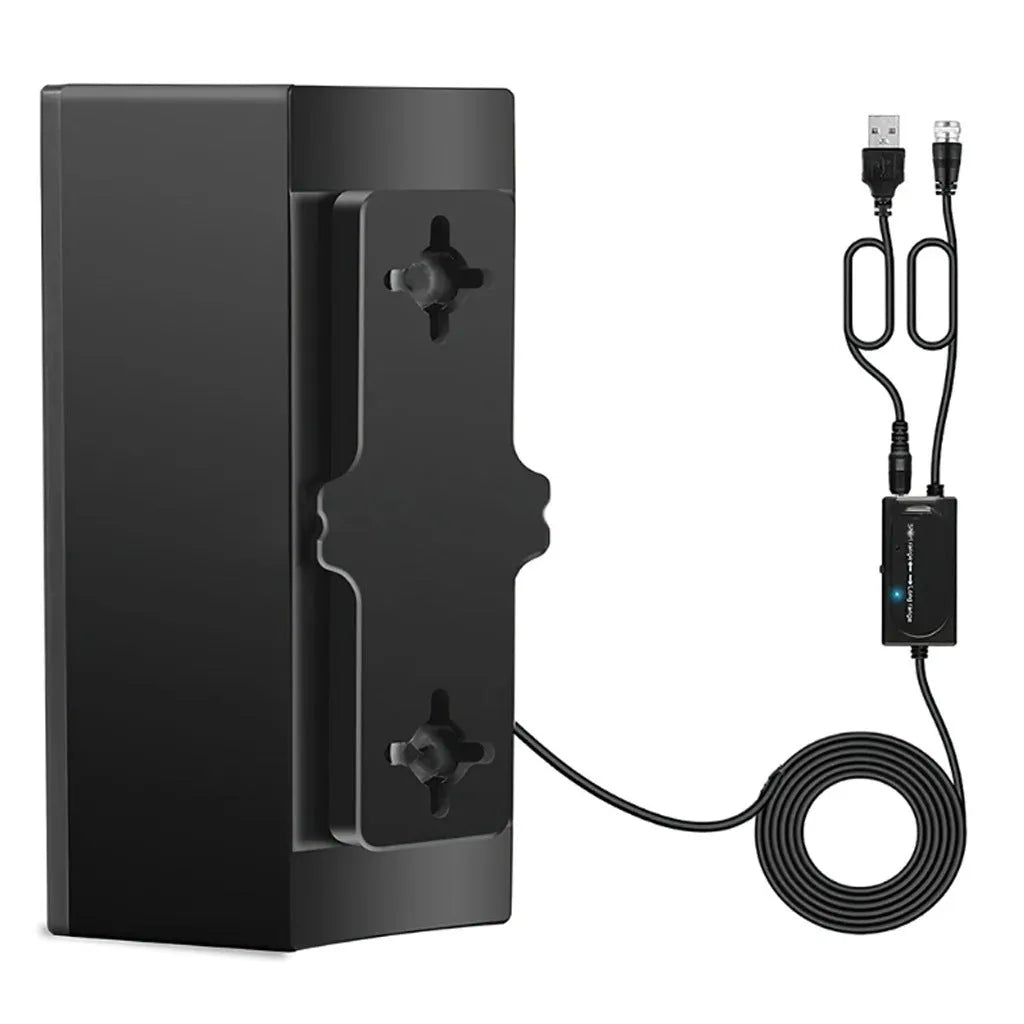 Black indoor digital TV antenna with mounting hardware including screws, adhesive tape and cable ties
