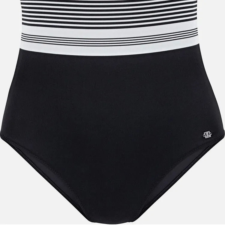 Black striped one-piece swimsuit for women made from nylon fabric, front view