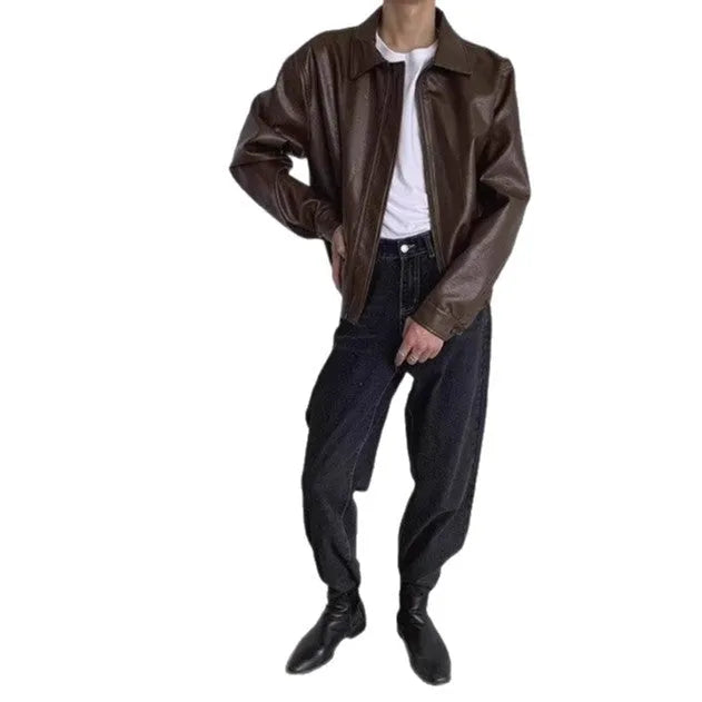 Brown PU leather jacket with straight hem, Korean-style couple hip-hop top