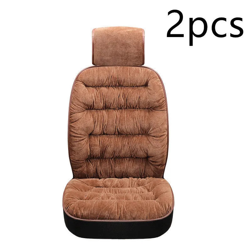 Universal winter warm plush car seat cushion set in beige, showing front seat cover with elastic fixings on a car interior