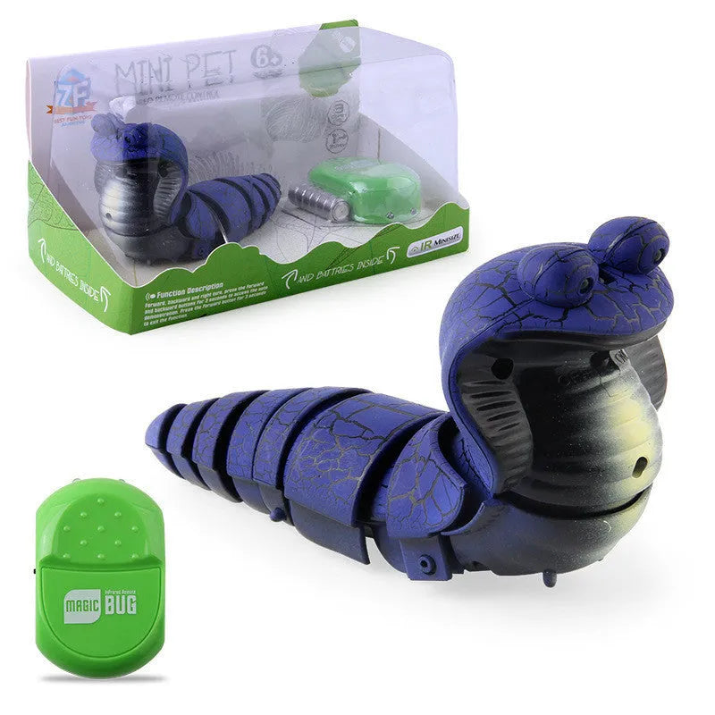 Smart sensing interactive electronic snake cat toy on a floor, showing segmented plastic body and USB charging port.