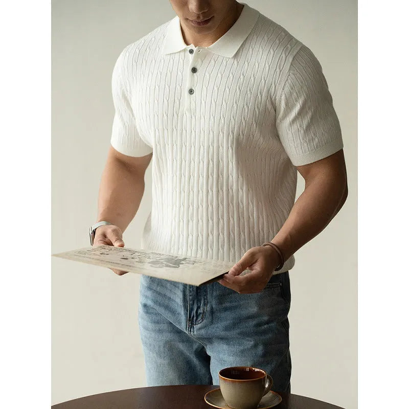 Men's short-sleeve business casual top in khaki colour, showing front design and fabric texture.
