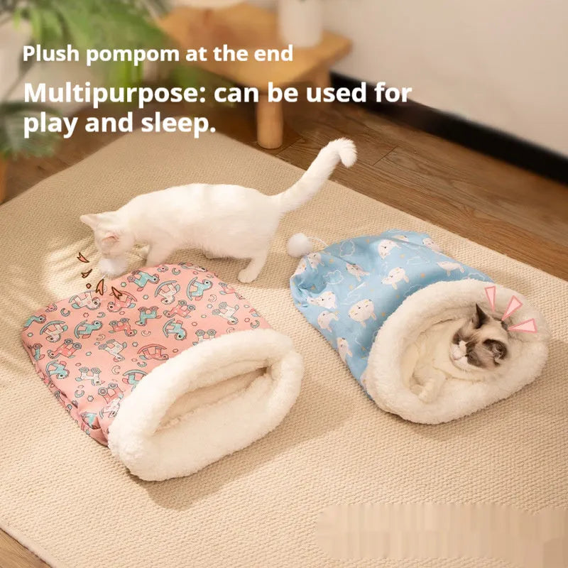 Flannel cat sleeping bag nest pet bed in blue, pink, or stripe pattern, size 50cm by 40cm.