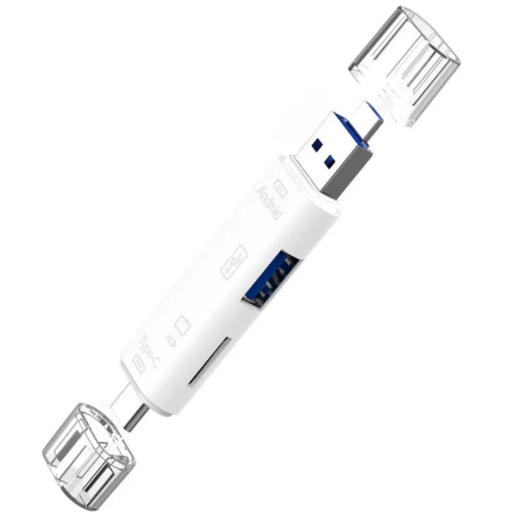 Black and white USB OTG hub adapter with Type-C plug, Micro USB plug, SD card slot, and USB-A port.