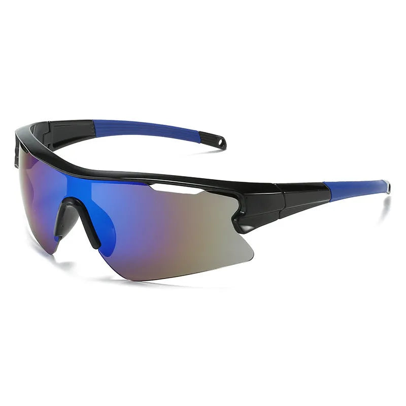 Windproof sports cycling sunglasses in black frame with grey lens on outdoor background.