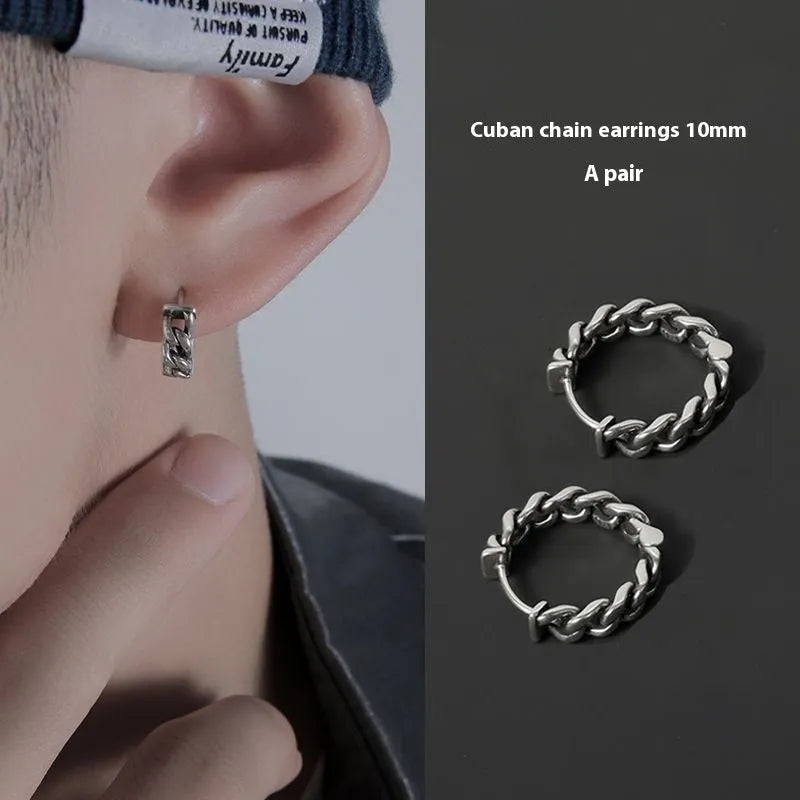 West Coast men's geometric copper hip hop earrings in silver, showing 10mm and 14mm sizes.