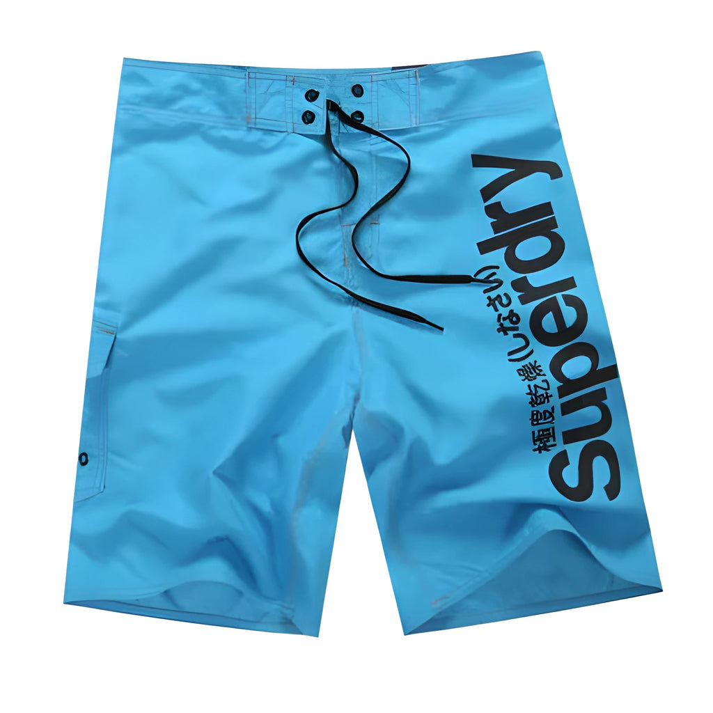 Men's striped polyester beach shorts in blue, lightweight for sports and beach