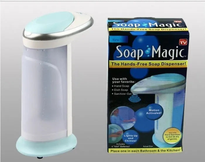 Black automatic touchless liquid soap dispenser with smart sensor, 400ml capacity, on a countertop