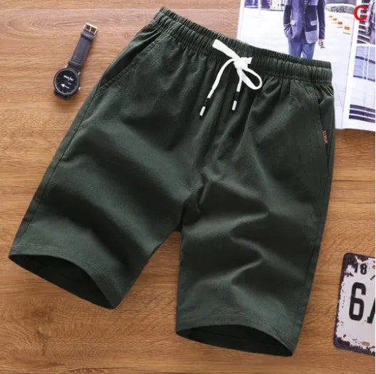 Men's cotton summer shorts with lace-up front closure in various colours showing mid-waist capri design