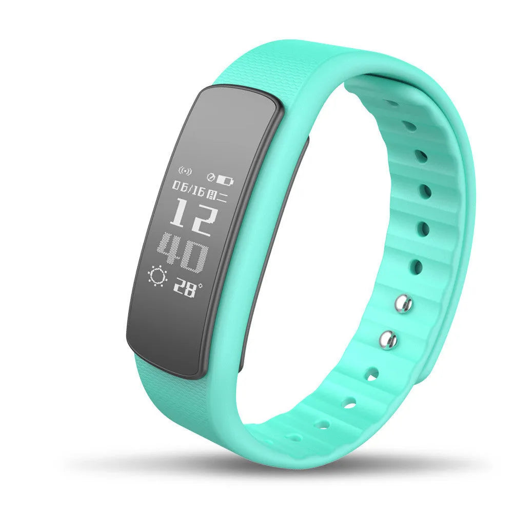 I6 smart sports bracelet with 0.96 inch screen on wrist showing fitness data display