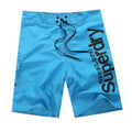 Men's striped polyester beach shorts in blue, lightweight for sports and beach