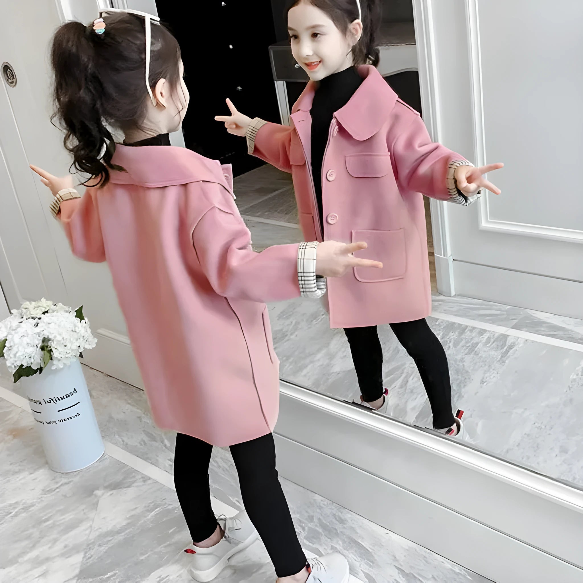 Children's striped thick woolen overcoat for girls, academy style, blue colour, long length sleeveless design