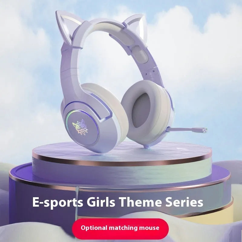 Purple and white mechanical keyboard, gaming mouse, and headset combo set with backlight on desk