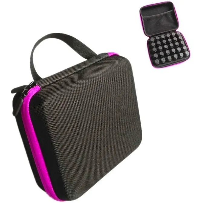 Red EVA essential oil storage bag with 30 compartments open to show bottle slots.