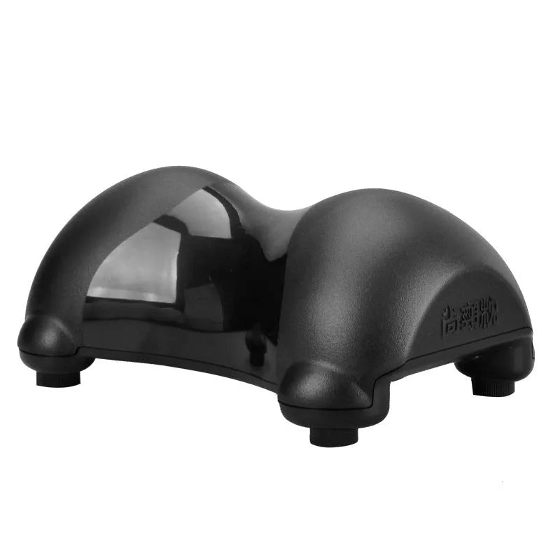Cervical health neck pillow in black ABS plastic, 24x14.5x10cm, on a plain background