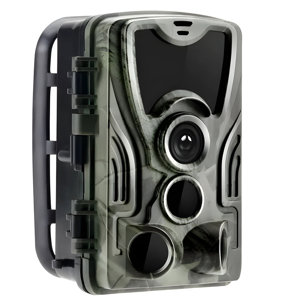 Green cellular trail hunting camera showing front view with lens, PIR sensor, and infrared LEDs