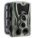 Green cellular trail hunting camera showing front view with lens, PIR sensor, and infrared LEDs