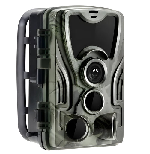 Green cellular trail hunting camera showing front view with lens, PIR sensor, and infrared LEDs