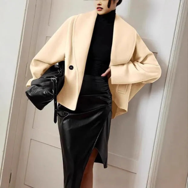 Double-breasted stand collar batwing sleeve polyester coat in solid colour for petite women