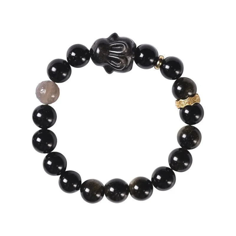 Handmade Chinese national style obsidian bracelet with lying rabbit pendant and mixed material beads
