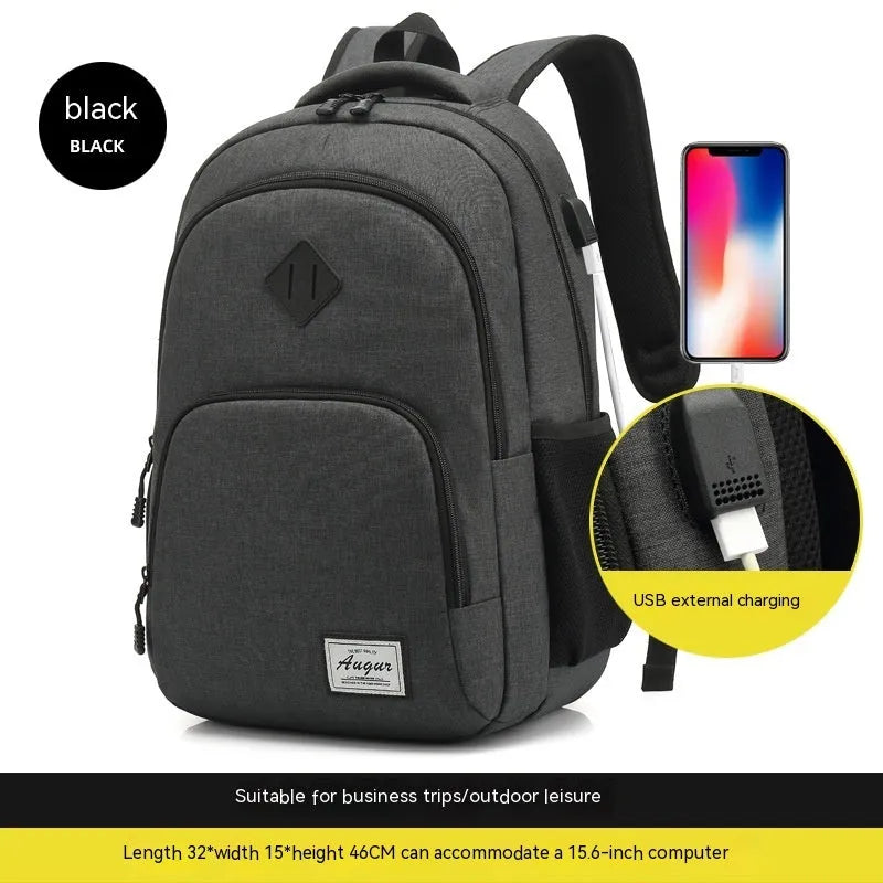 Grey lightweight backpack with USB charging port on the side, showing trolley sleeve on back