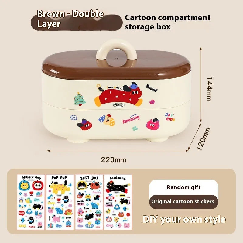 Cartoon-style red and brown plastic desktop storage organiser with 2L capacity and organisation stickers.