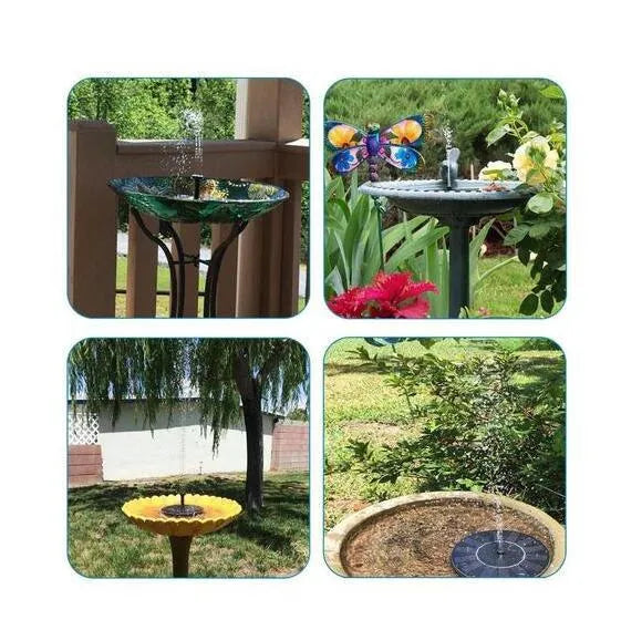Black solar-powered floating water fountain with spray nozzles for garden bird baths and ponds