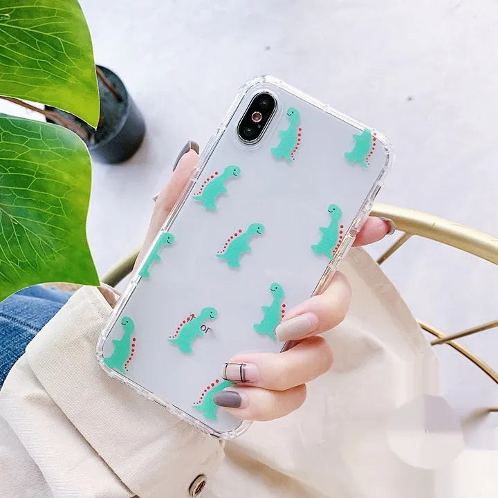 Cute cartoon little dinosaur silicone TPU phone case, drop-resistant back cover for iPhone, green colour with air cushion shell