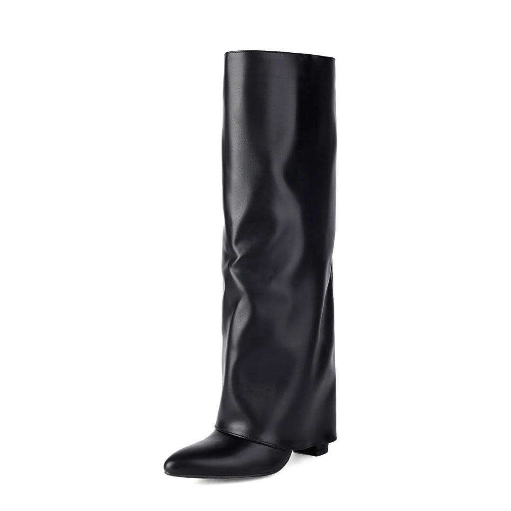 Women's plus size thick high heel ankle boots in black, showing sewing line detail on faux PU upper